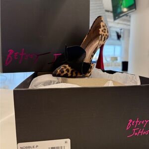 Betsey Johnson Leopard Print Pointed Toe Pumps with Black Bow and Red Sole